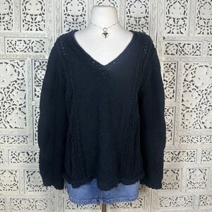 Liz Claiborne‎ Chunky Black Cable Knit Geometric V Neck Grannycore Sweater Sz M